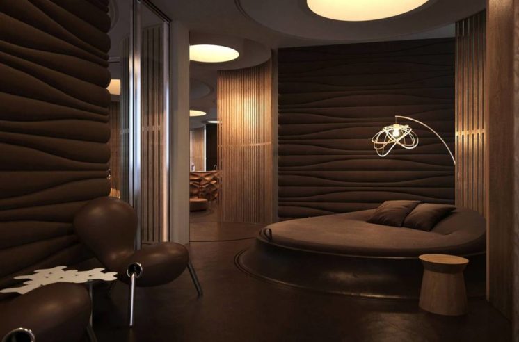 спальня в коричневых тонах в сочетании с минимализмом визуально расширят пространство