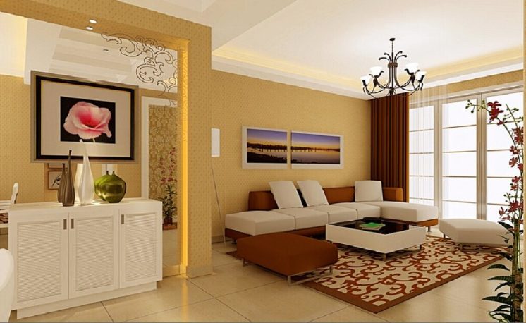 желтый, оранжевый, красный оттенки создают уютную атмосферу в гостиной