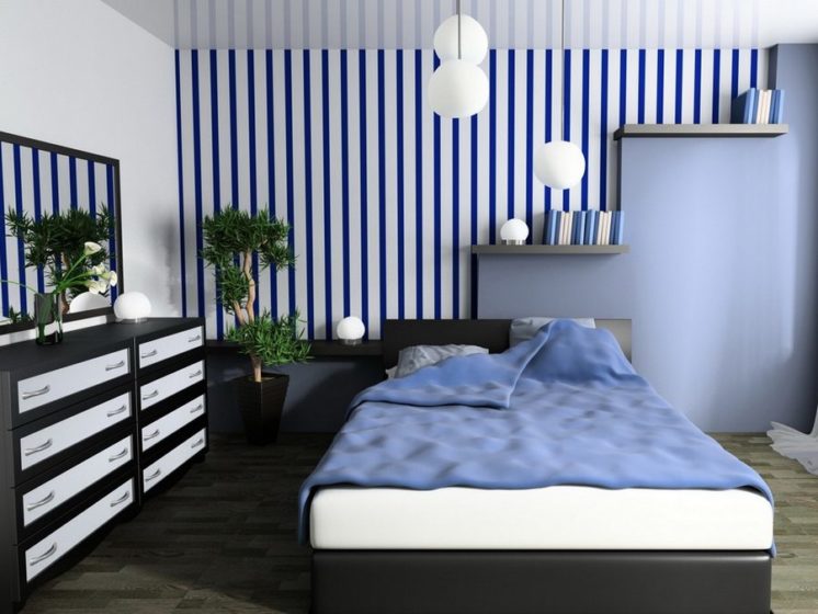 голубая полоска и темные полы в спальне